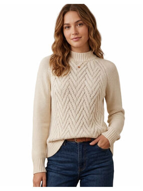 Chaps Cream Knit Cable Mock Neck Chevron Pattern woman’s Sweater
 Size M. 2056